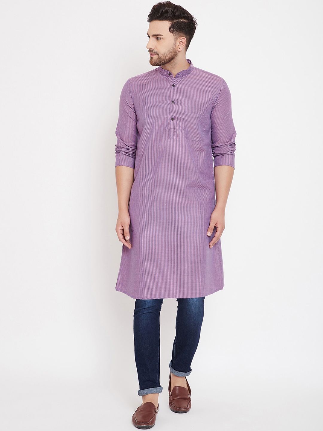 even Men Purple Striped Straight Kurta