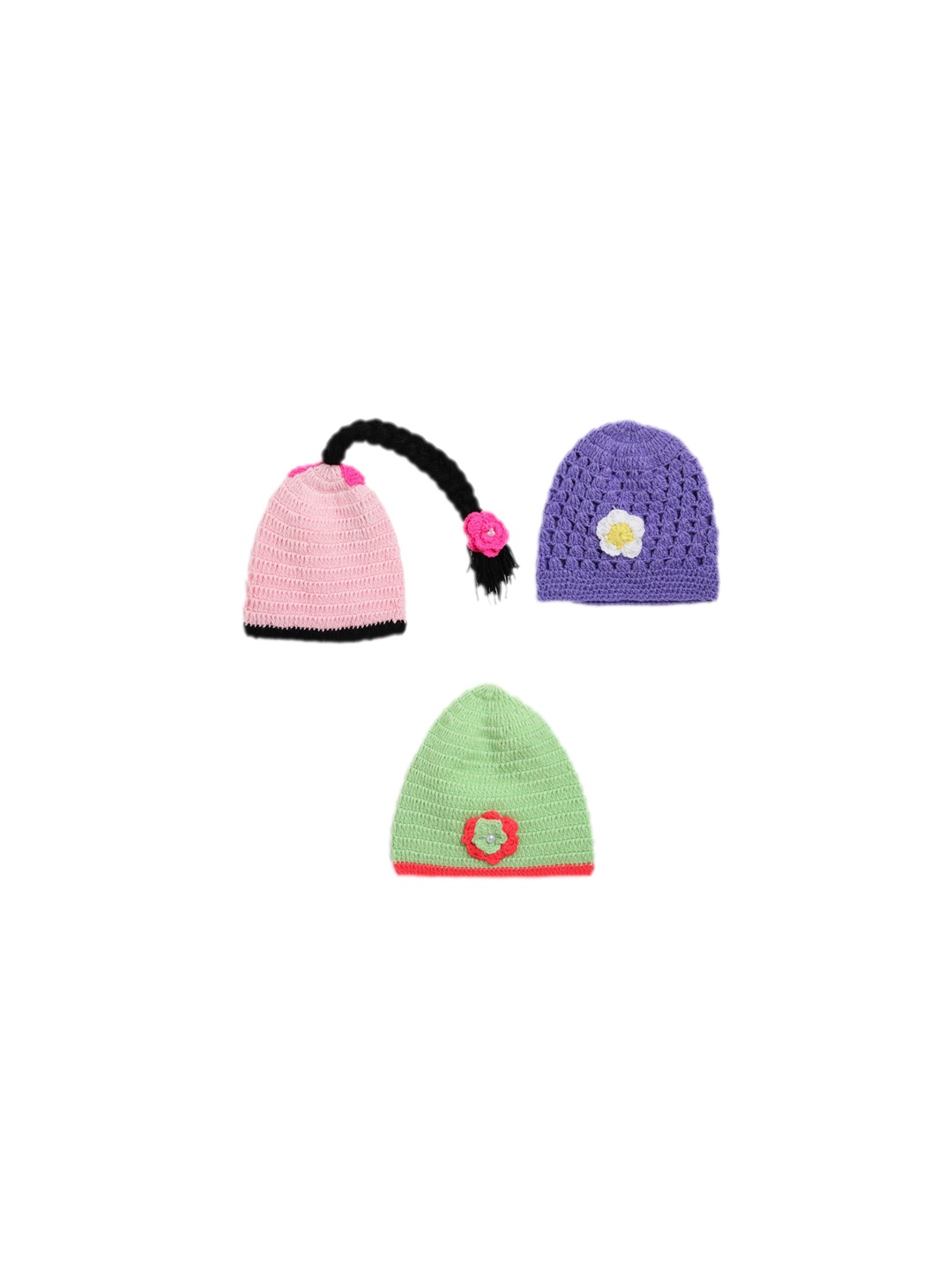

CHUTPUT Kids Pack Of 3 Hand knitted Crochet Beanie, Pink