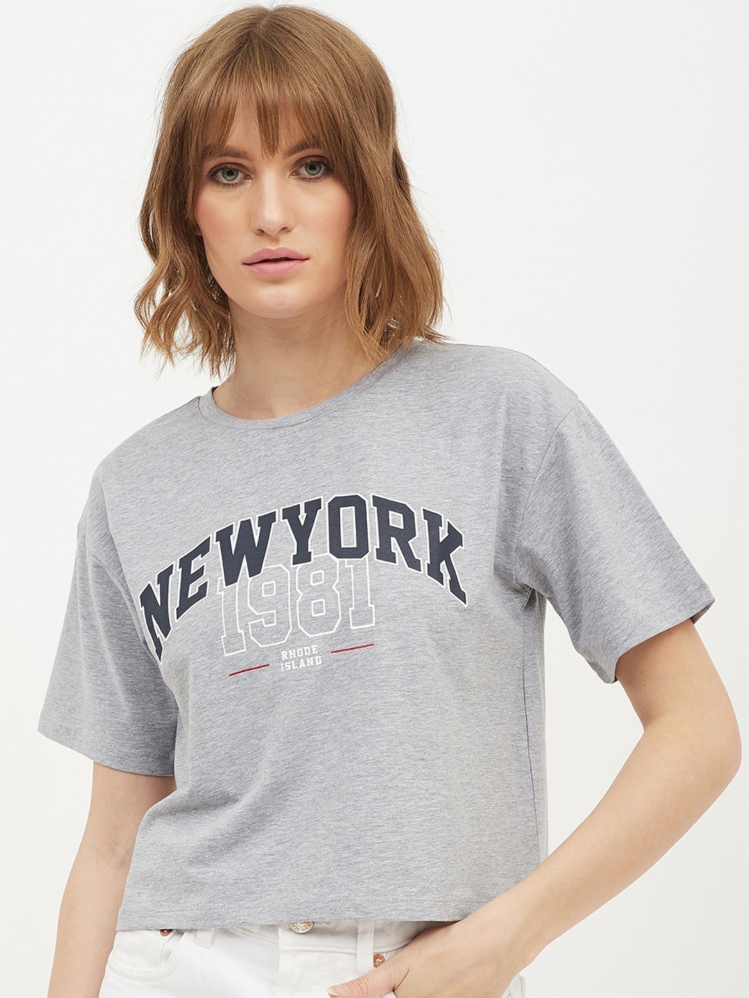 

Harpa Women Grey Printed Round Neck Pure Cotton T-shirt