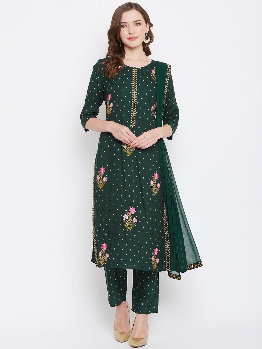 

Prakhya Women Green Embroidered Kurta with Trousers & Dupatta