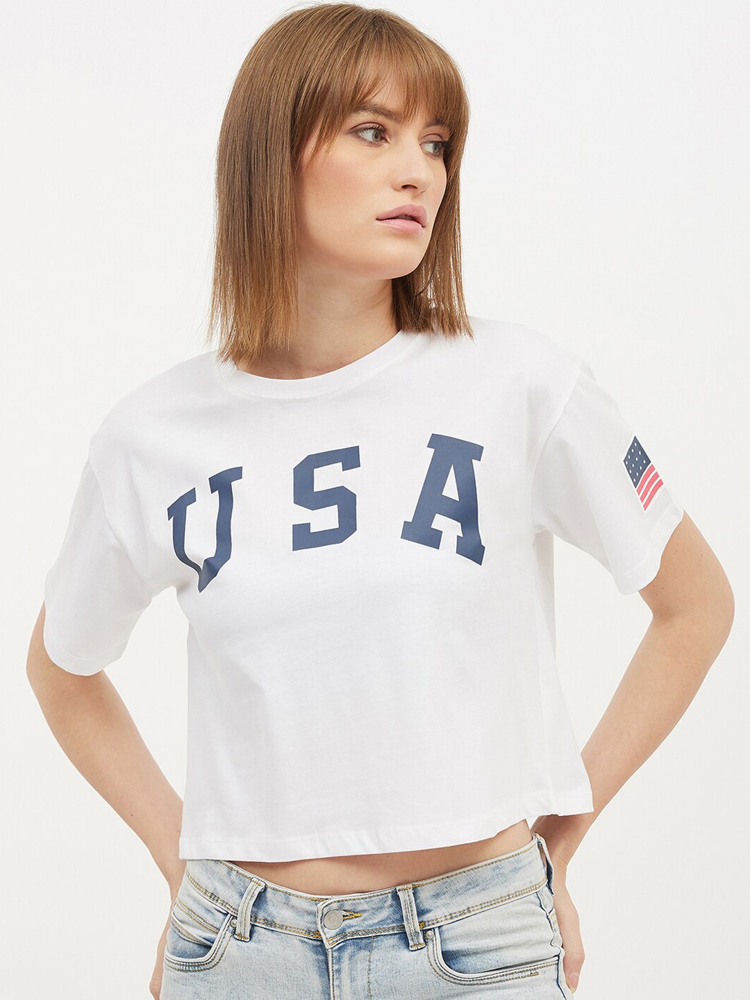 

Harpa Women White Printed Round Neck Crop Pure Cotton T-shirt