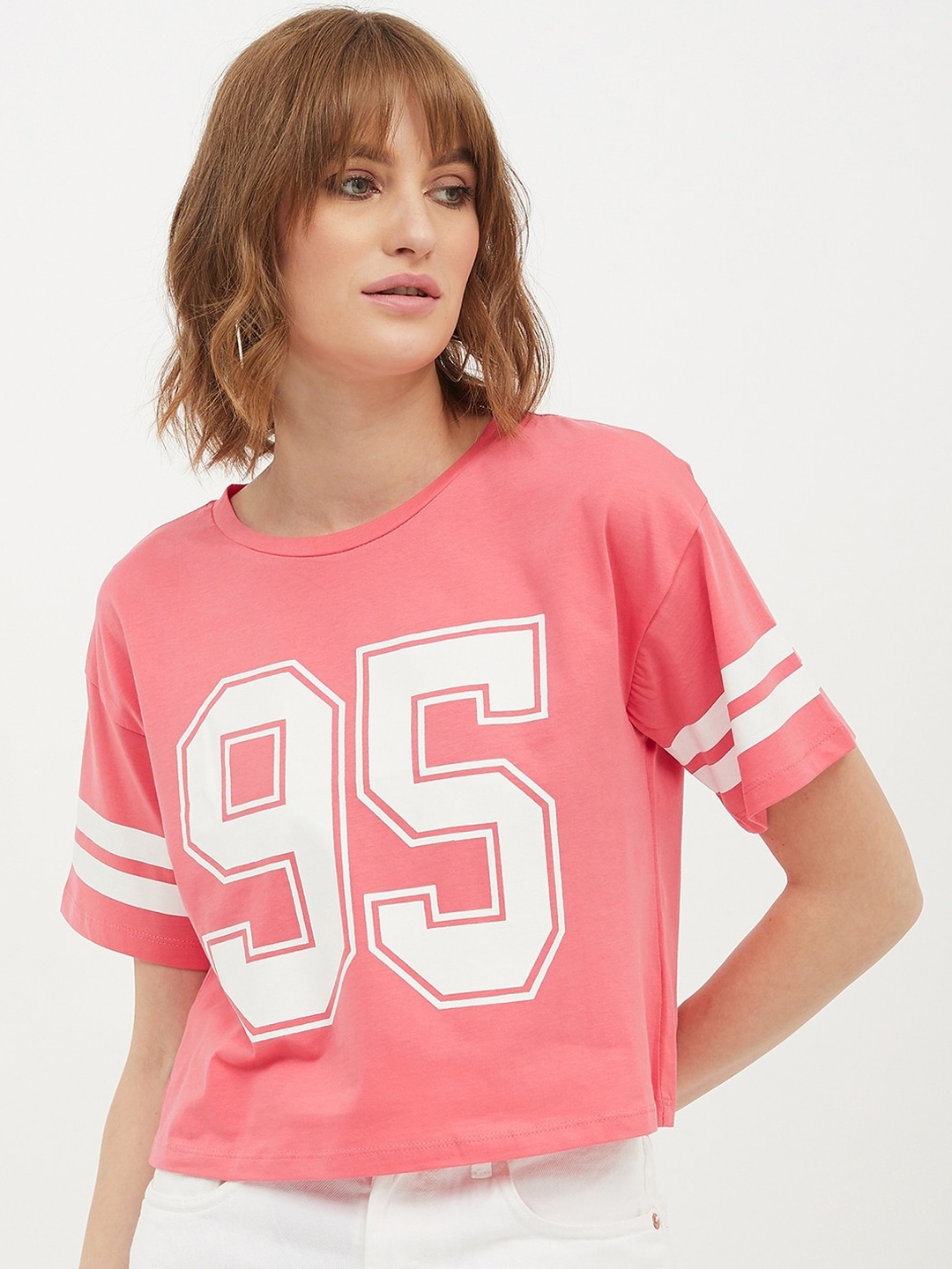 

Harpa Women Pink Printed Round Neck T-shirt