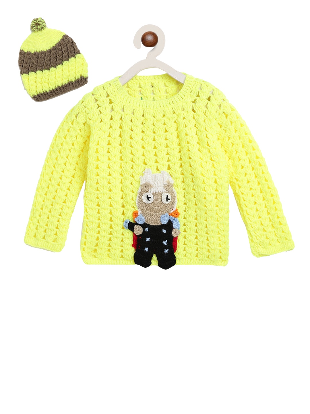 

CHUTPUT Unisex Kids Lime Green Self Design Pullover Sweater With Beanie