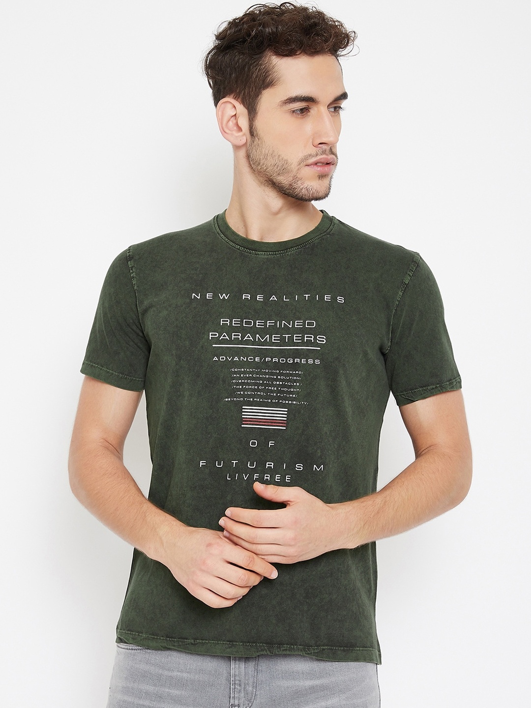 NEVA Men Olive Green Typography Printed Round Neck Cotton T-shirt