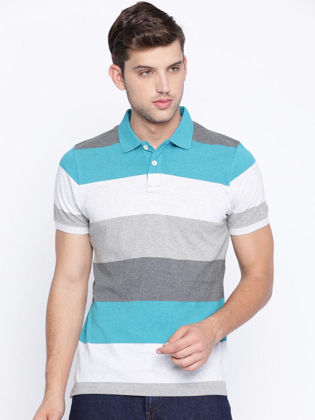 

Basics Men Turquoise Blue Striped Round Neck T-shirt