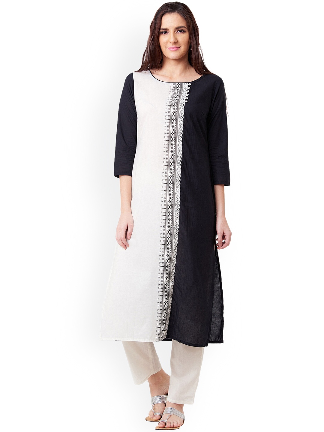 

IMARA Women Black & White Embroidered A-Line Kurta