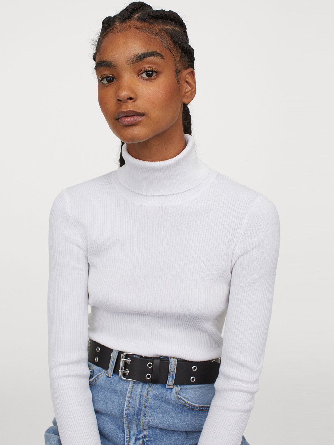 

H&M Women White Solid Rib-Knit Polo-Neck Jumper
