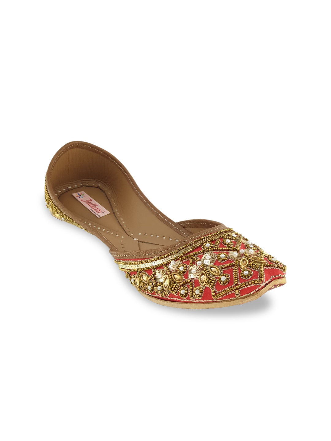

Fulkari Women Red & Gold-Toned Embellished Leather Mojaris