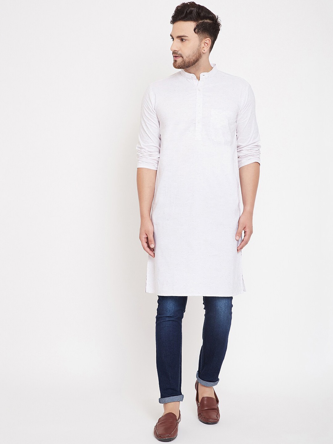 even Men White Woven Design Straight Kurta