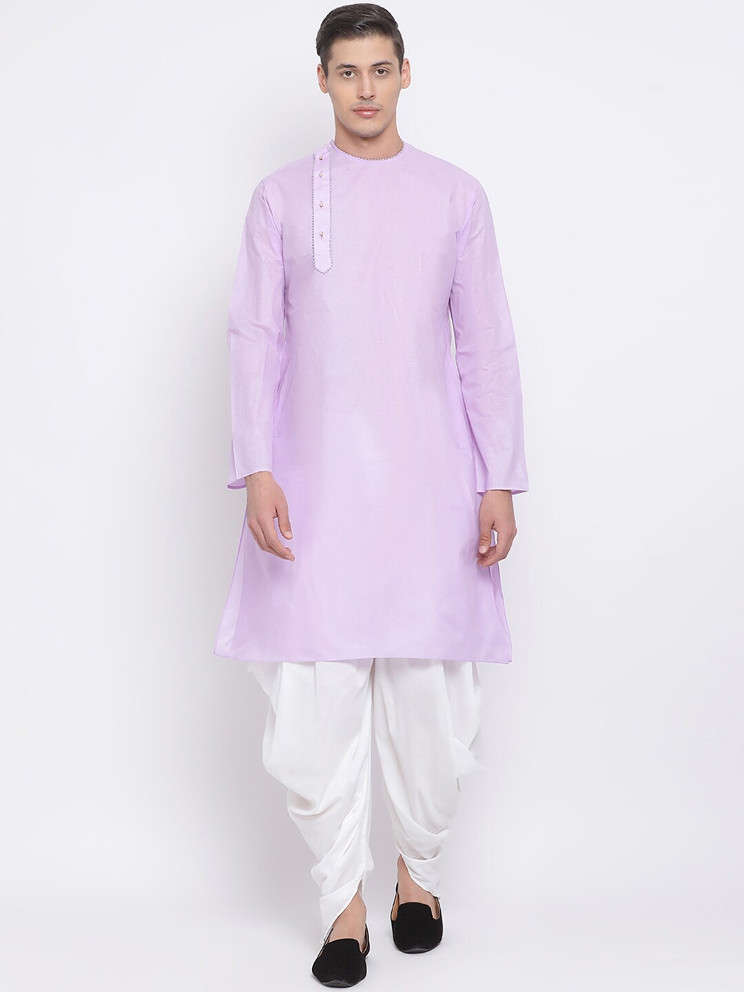 

VASTRAMAY Men Lavender & White Solid Kurta with Dhoti Pants