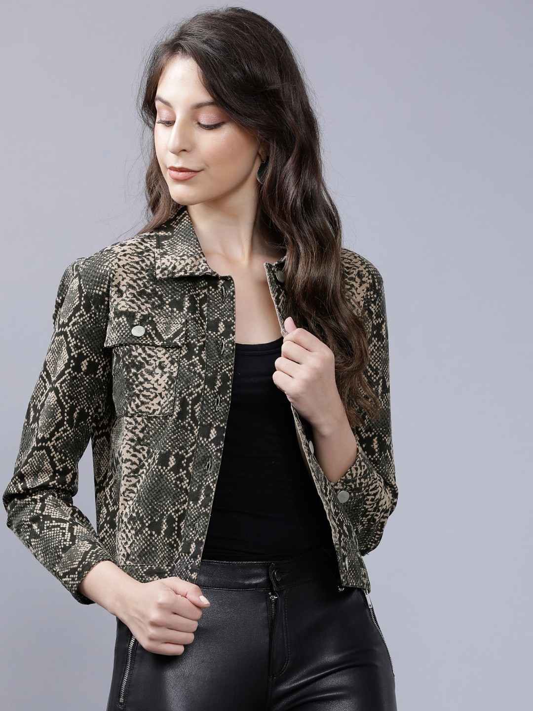 

Tokyo Talkies Women Olive Green Snake Skin Printed Bomber Jacket