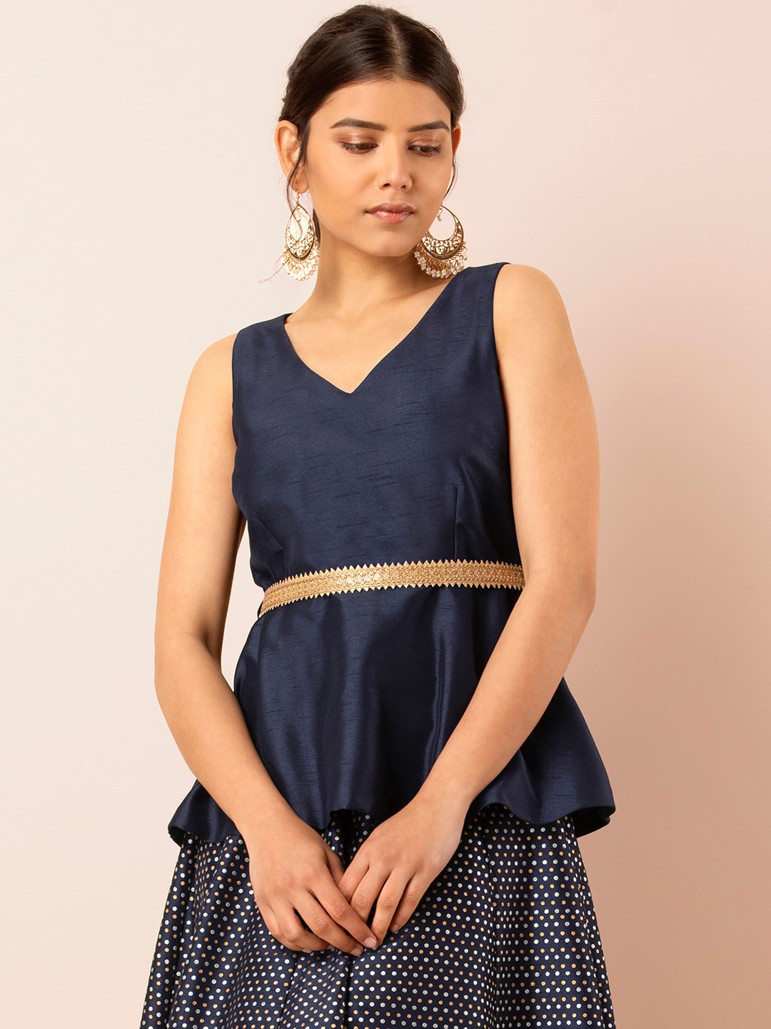 

INDYA Women Navy Blue Solid Peplum Top