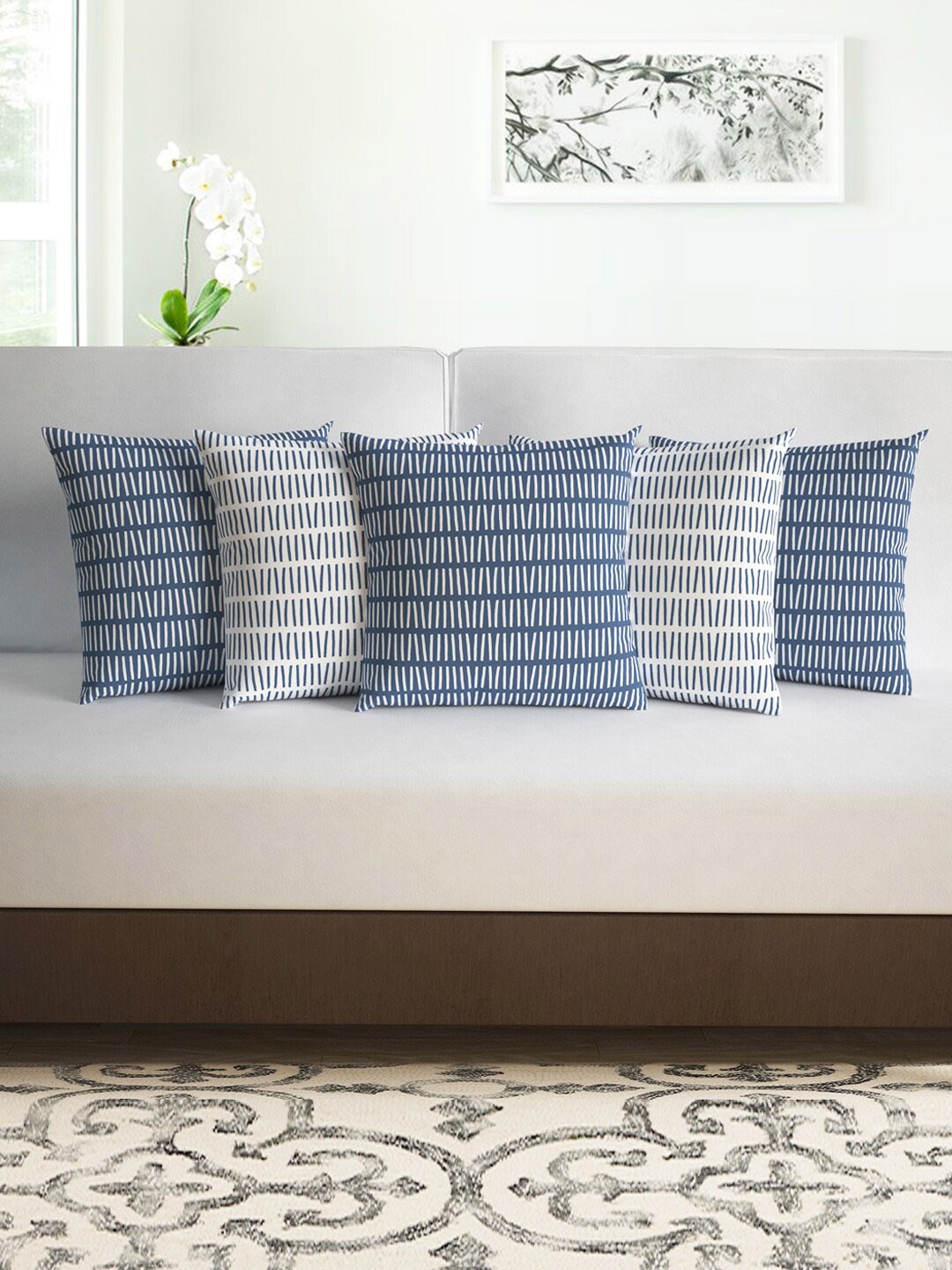

Divine Casa Blue & White Set of 5 Abstract Square Cushion Covers