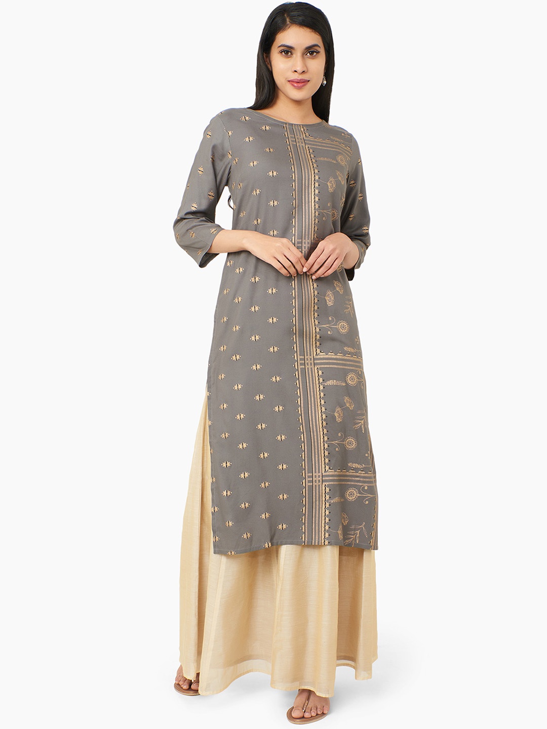 

IMARA Women Grey & Beige Printed Straight Kurta