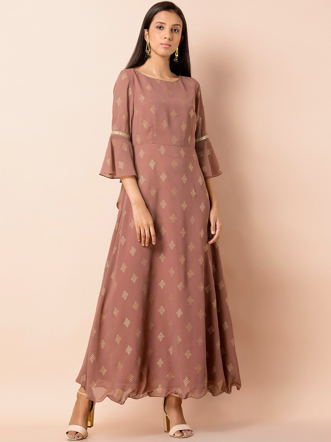 

INDYA Women Nude-Coloured & Gold-Coloured Printed Ethnic Maxi Dress