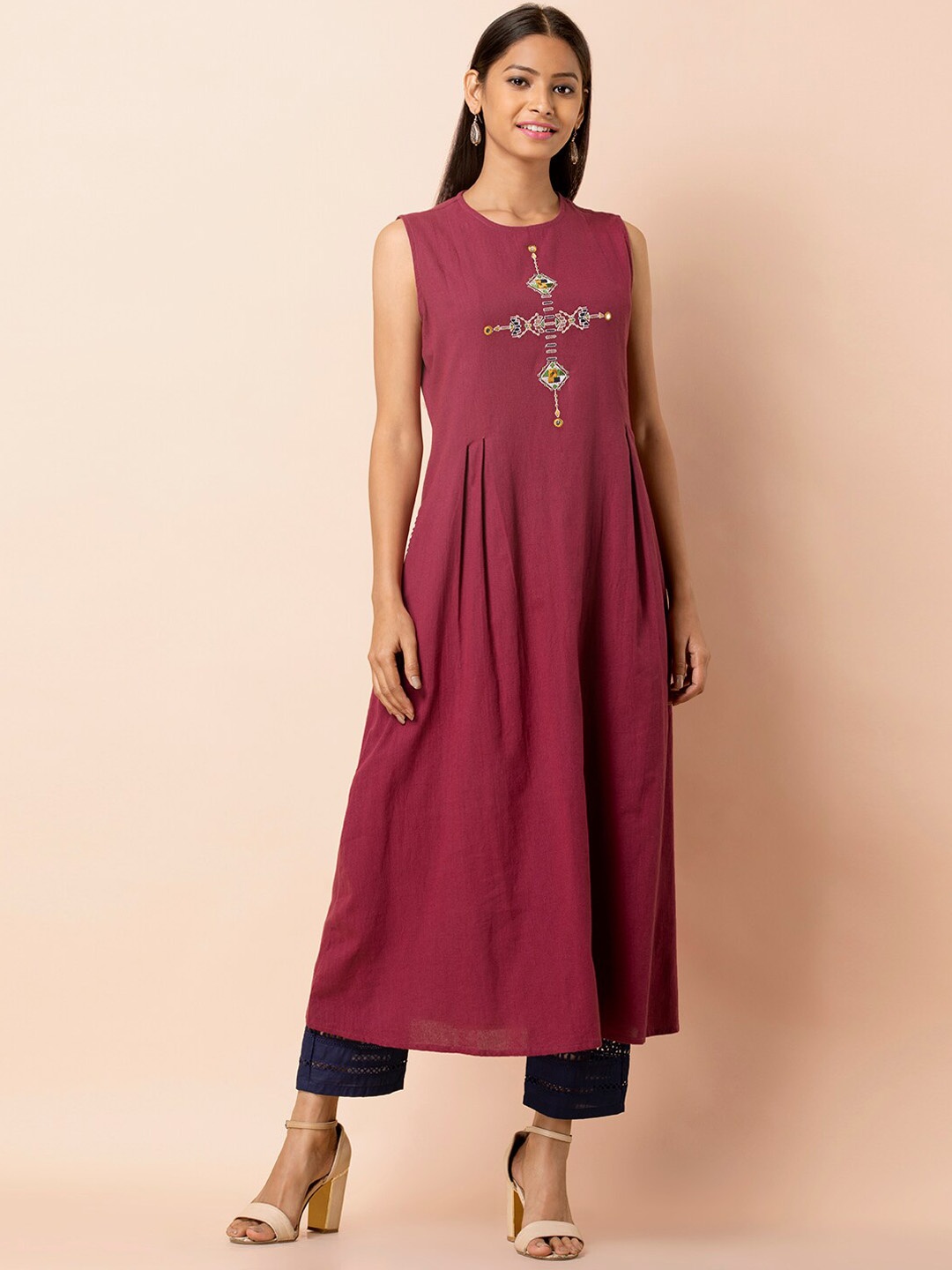 

INDYA Maroon Embroidered A-Line Kurta