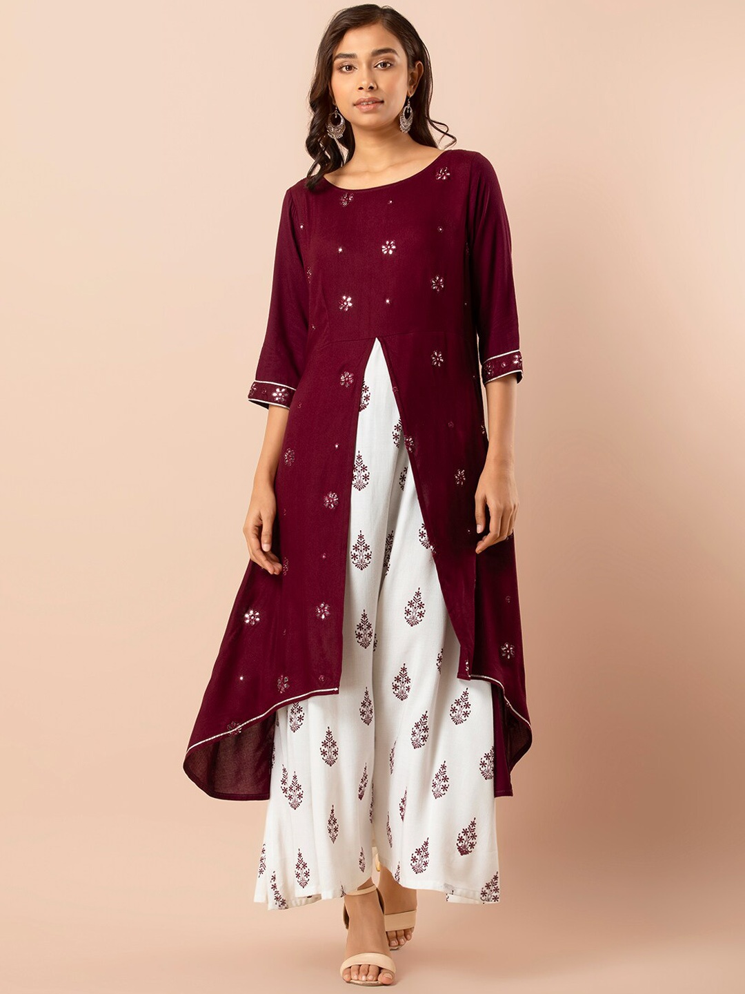 

INDYA Maroon Ivory Mirror Work Double Layered Tunic