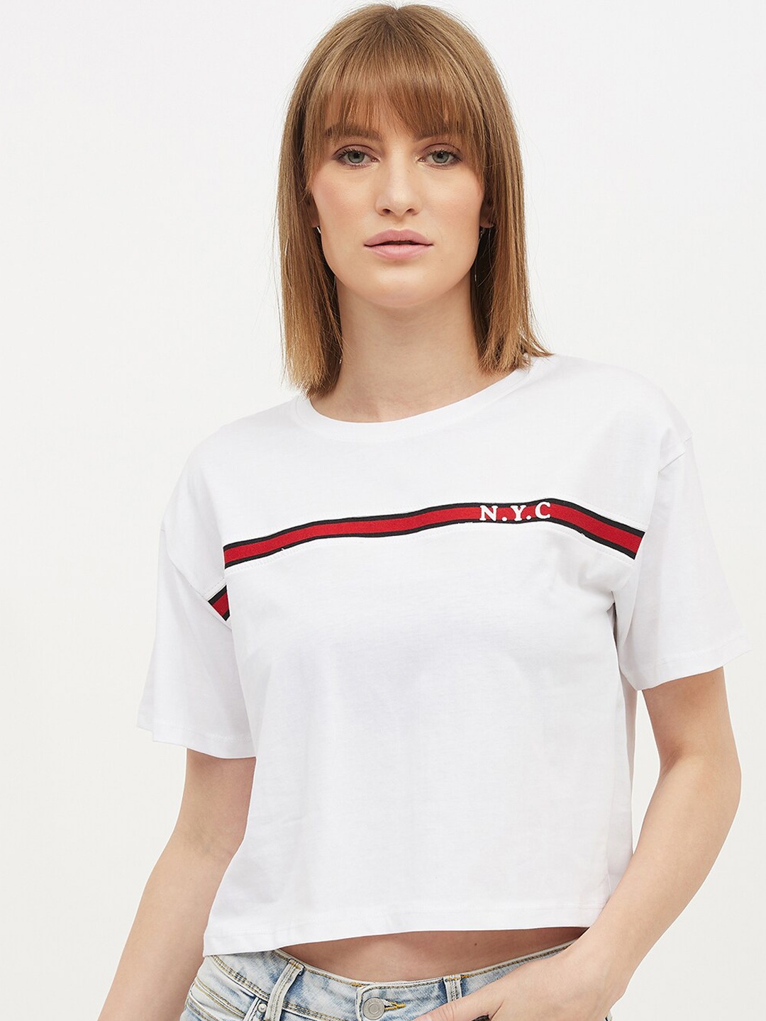 

Harpa Women White Striped Round Neck Pure Cotton T-shirt