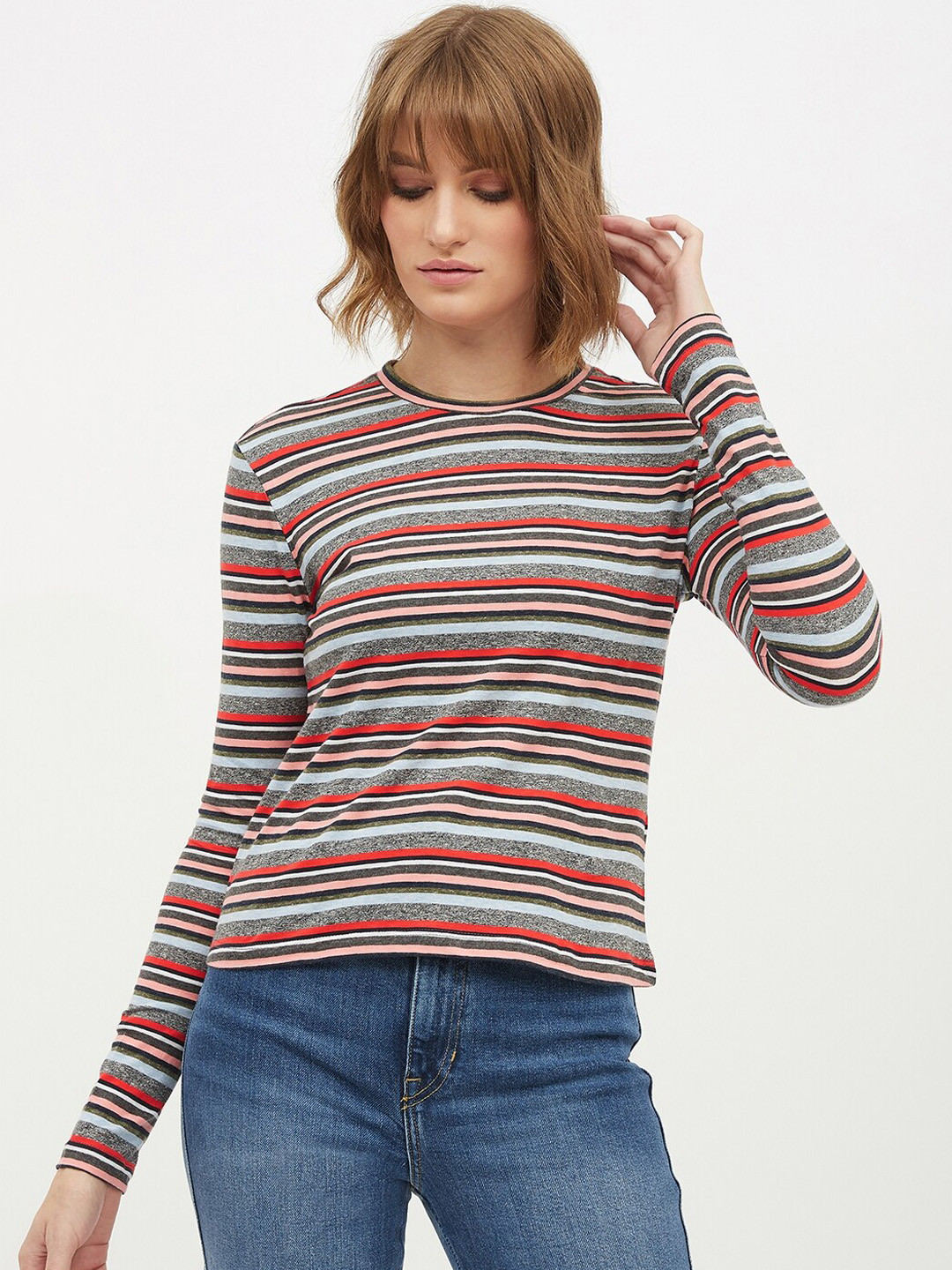 

Harpa Women Red Grey Striped Round Neck Pure Cotton T-shirt