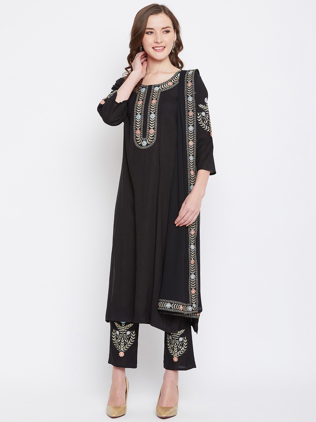 

Prakhya Women Black Embroidered Kurta with Palazzos & Dupatta