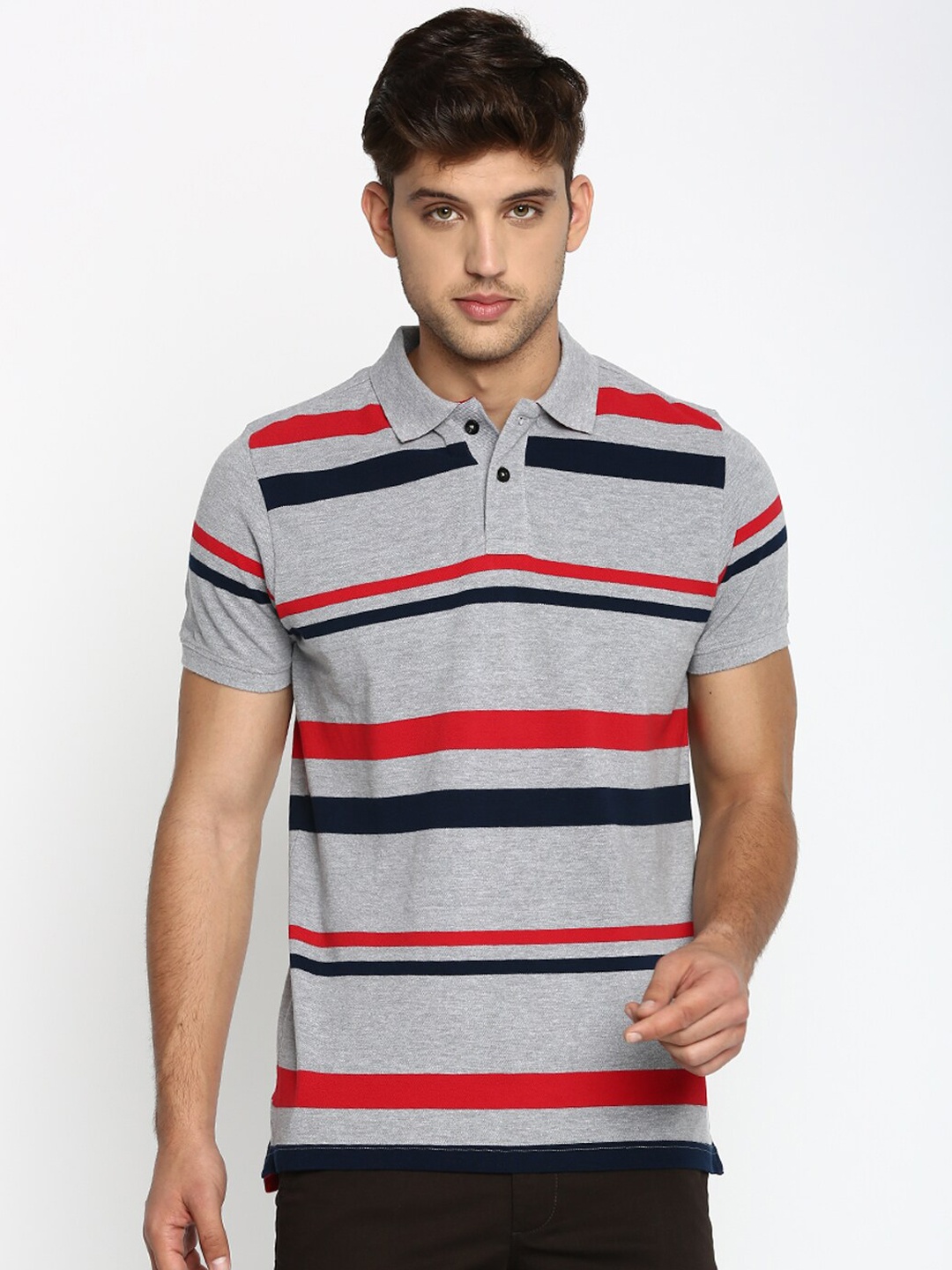 

Basics Men Grey Striped Polo Collar T-shirt