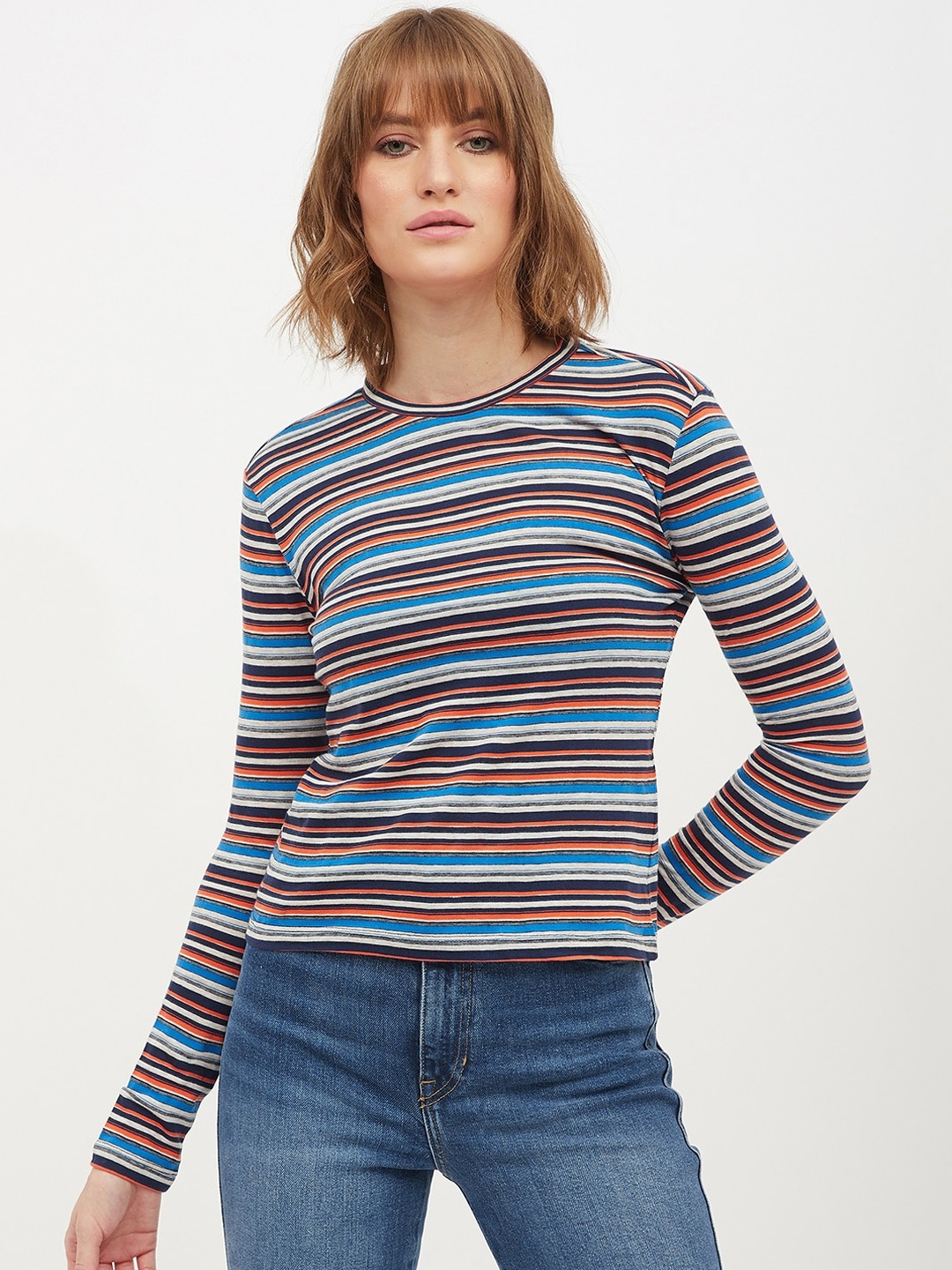 

Harpa Women Blue Striped Round Neck Pure Cotton T-shirt