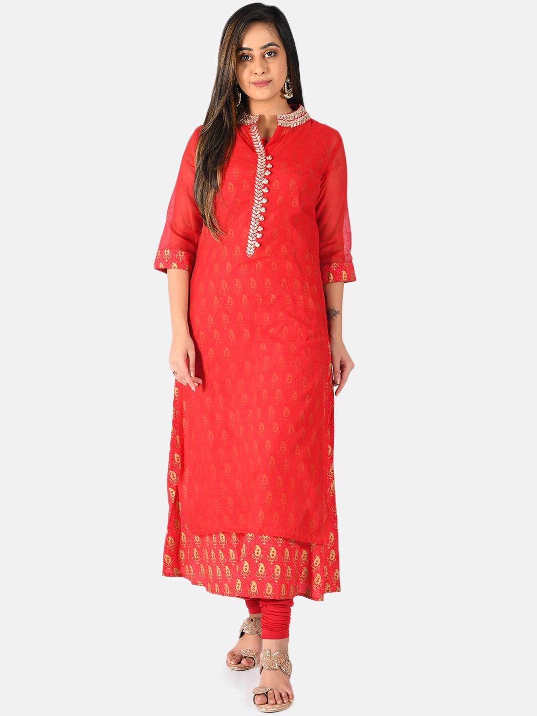 

Neerus Women Red & Gold-Toned Printed Straight Kurta