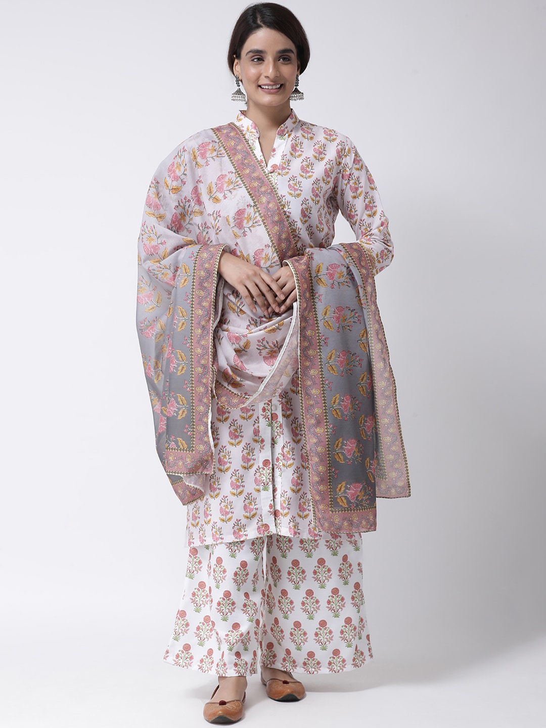 

Hangup Women White & Pink Printed Kurta with Palazzos & Dupatta
