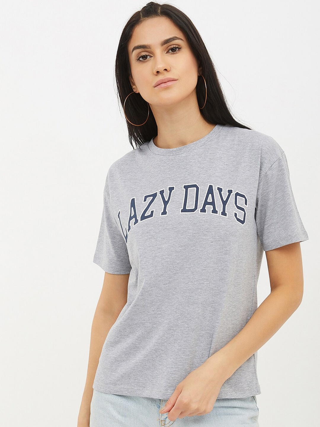 

Harpa Women Grey Printed Round Neck T-shirt