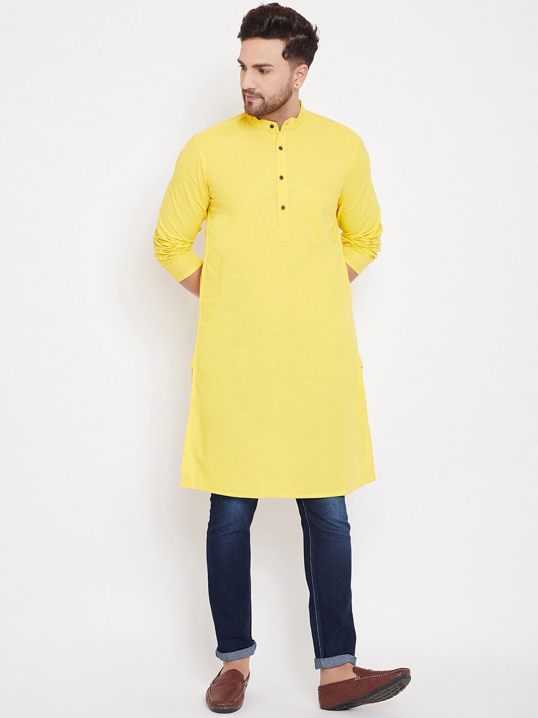 even Men Yellow Solid Straight Kurta