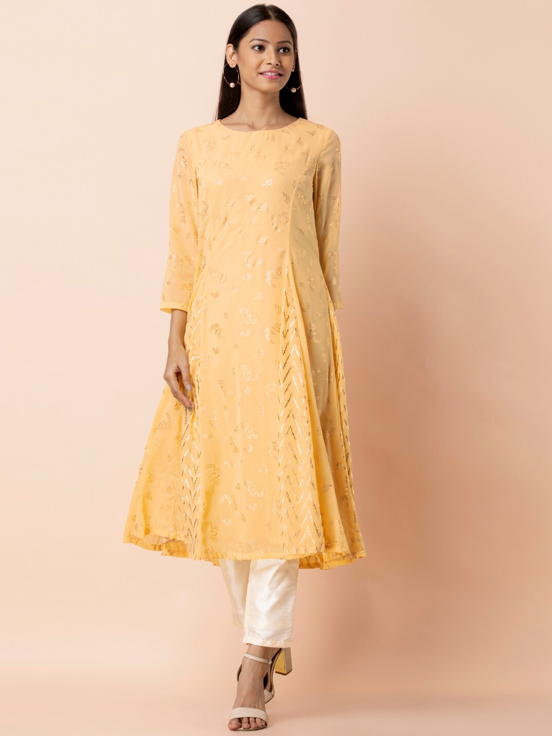 

INDYA Women Yellow Printed A-Line Kurta