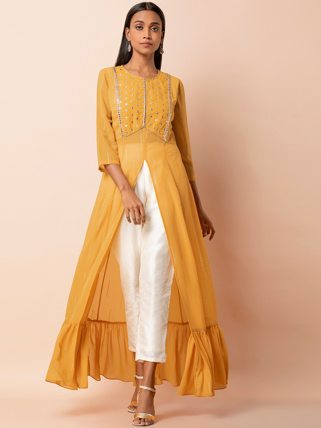 

INDYA Mustard Embellished Ruffled High Slit Tunic, Yellow