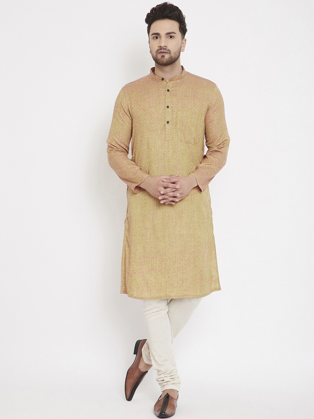 

even Men Beige & Pink Woven Design Straight Kurta