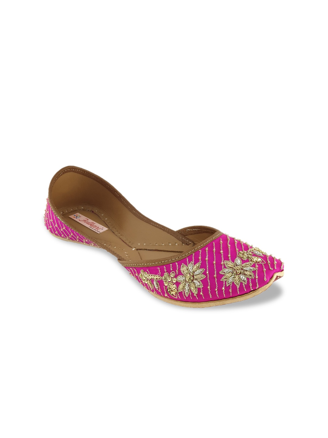 

Fulkari Women Magenta & Gold-Toned Embellished Leather Mojaris