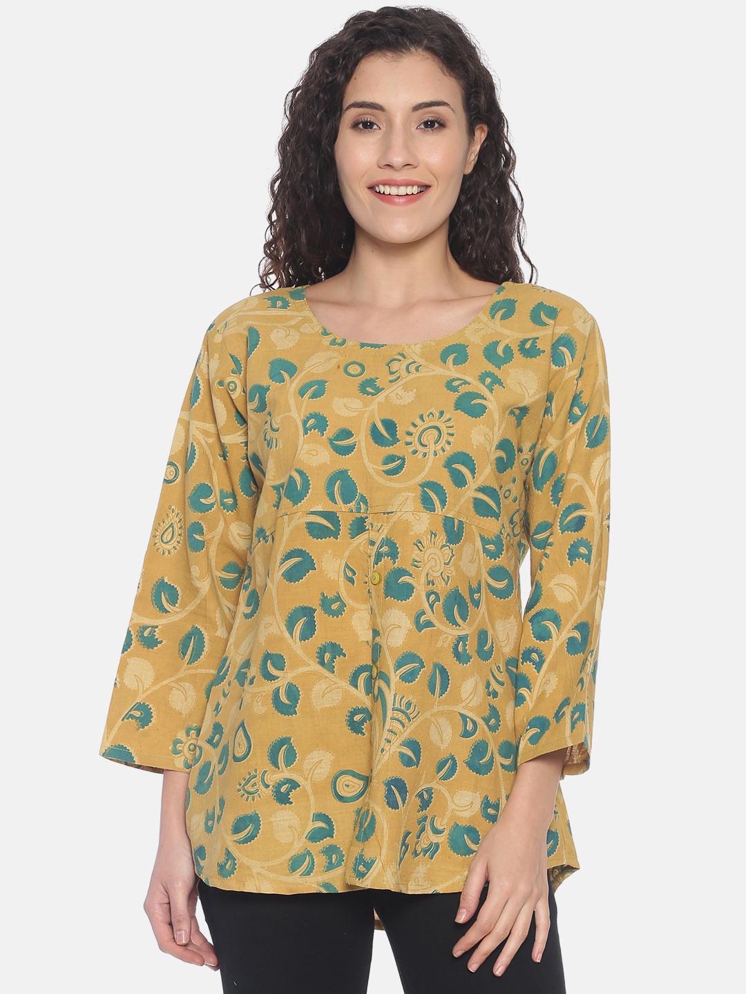

Resha Women Mustard Yellow & Green Block Printed Pure Cotton Top