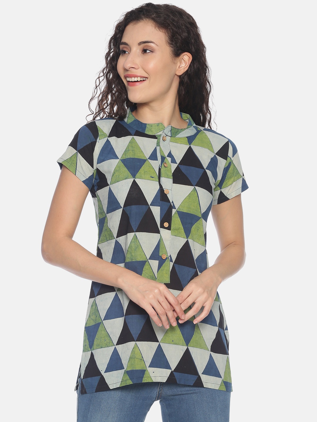

Resha Women Blue & Green Printed Pure Cotton Top