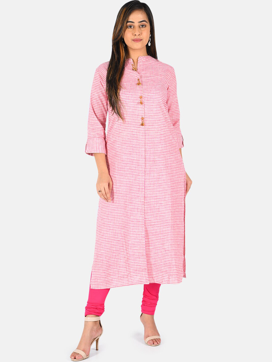 

Neerus Women Pink & White Checked Straight Kurta