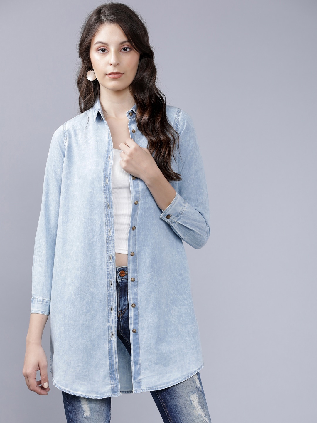 

Tokyo Talkies Women Blue Denim Longline Casual Shirt