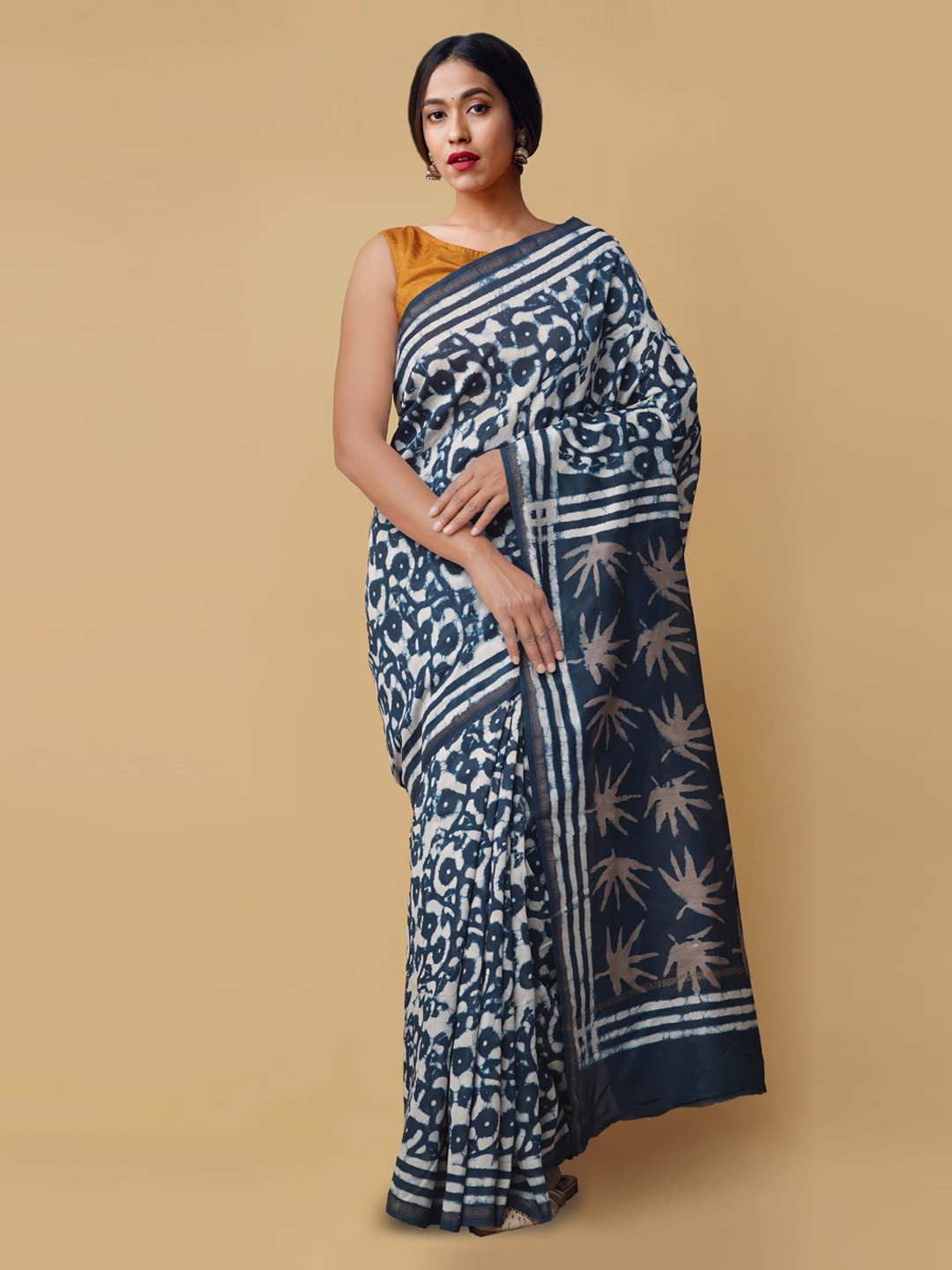

Unnati Silks Blue Silk Cotton Printed Chanderi Saree