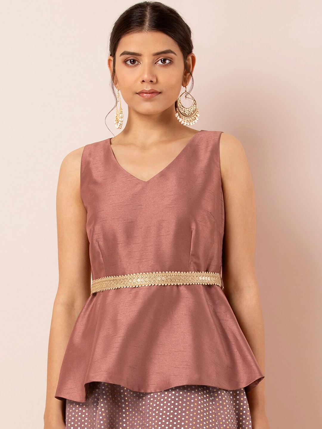 

INDYA Women Pink Solid Peplum Top With Embellished Belt