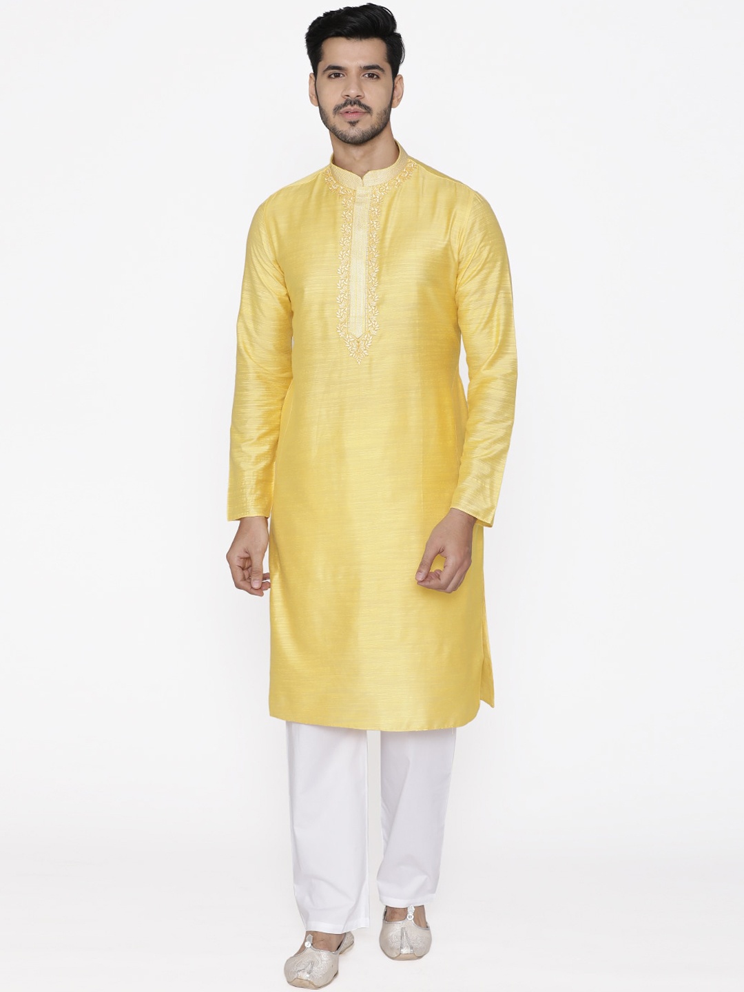 

Manyavar Men Yellow Yoke Design Kurta with Churidar
