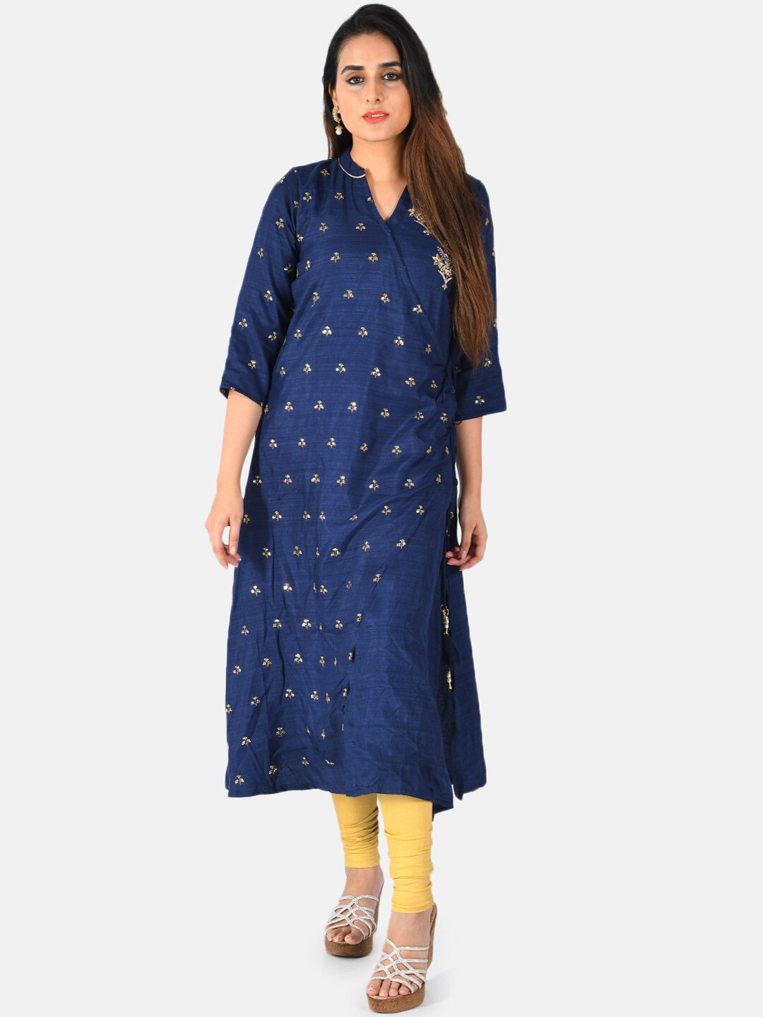 

Neerus Women Navy Blue & Gold-Coloured Embroidered Angrakha Kurta