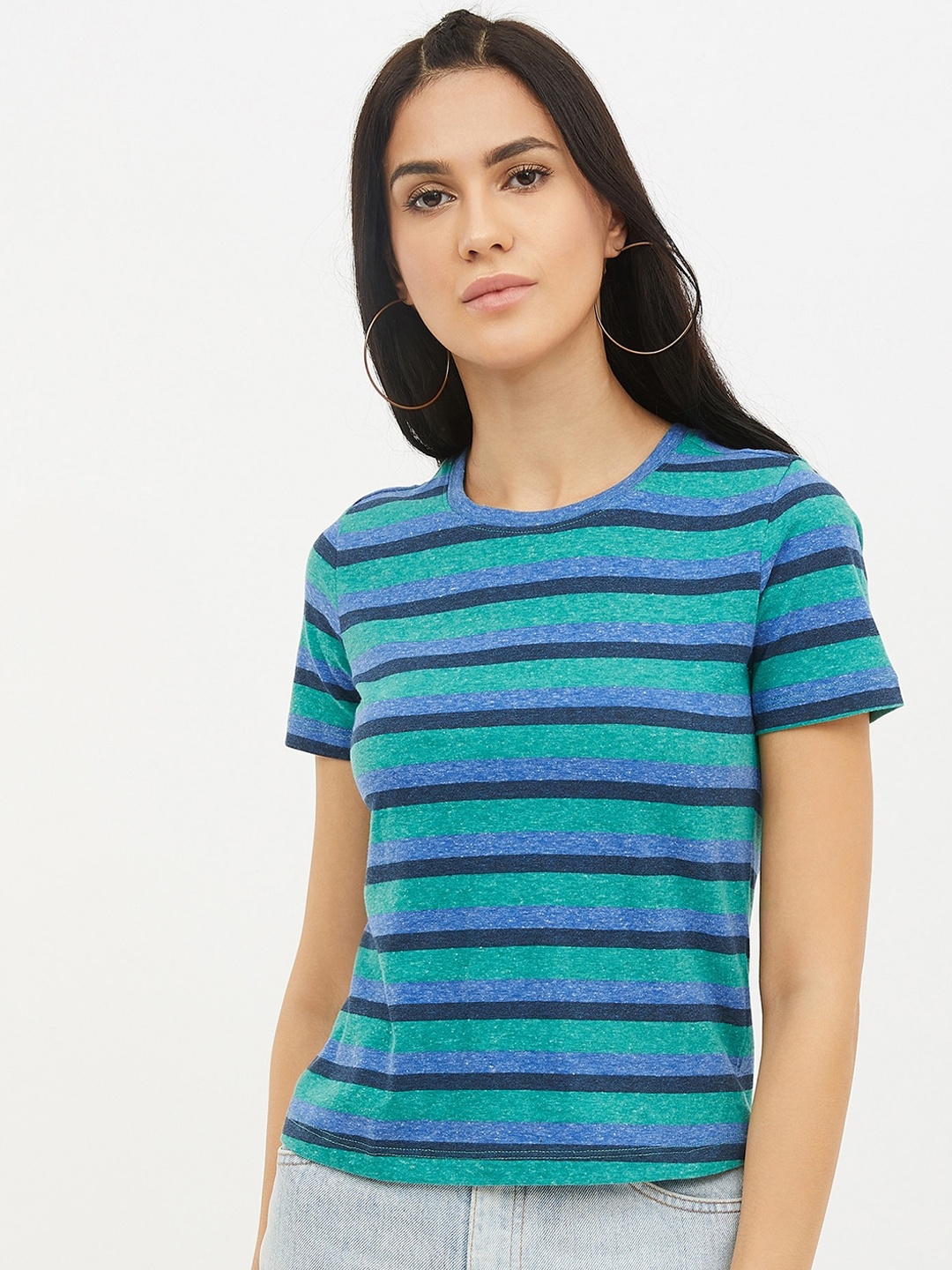 

Harpa Women Green Blue Striped Round Neck Pure Cotton T-shirt