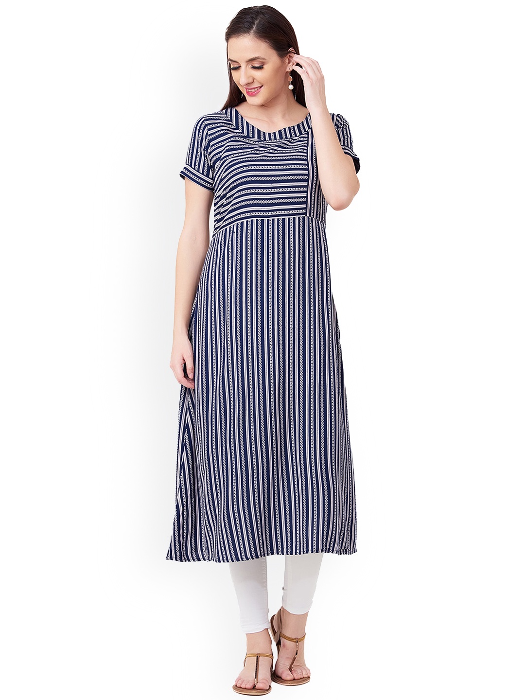 

IMARA Women Navy Blue & White Printed A-Line Kurta