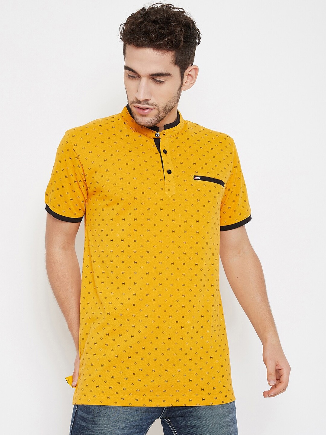 

NEVA Men Mustard Yellow & Black Printed Mandarin Collar T-shirt