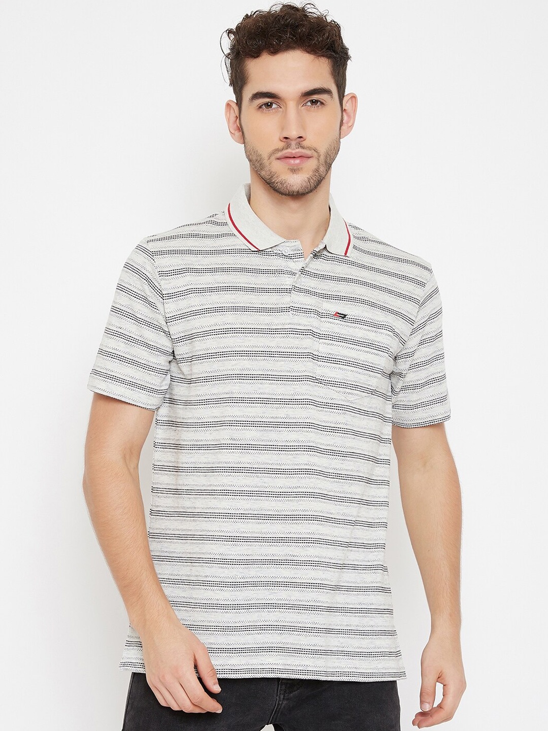 NEVA Men Grey & Off White Striped Cotton Polo Collar T-shirt
