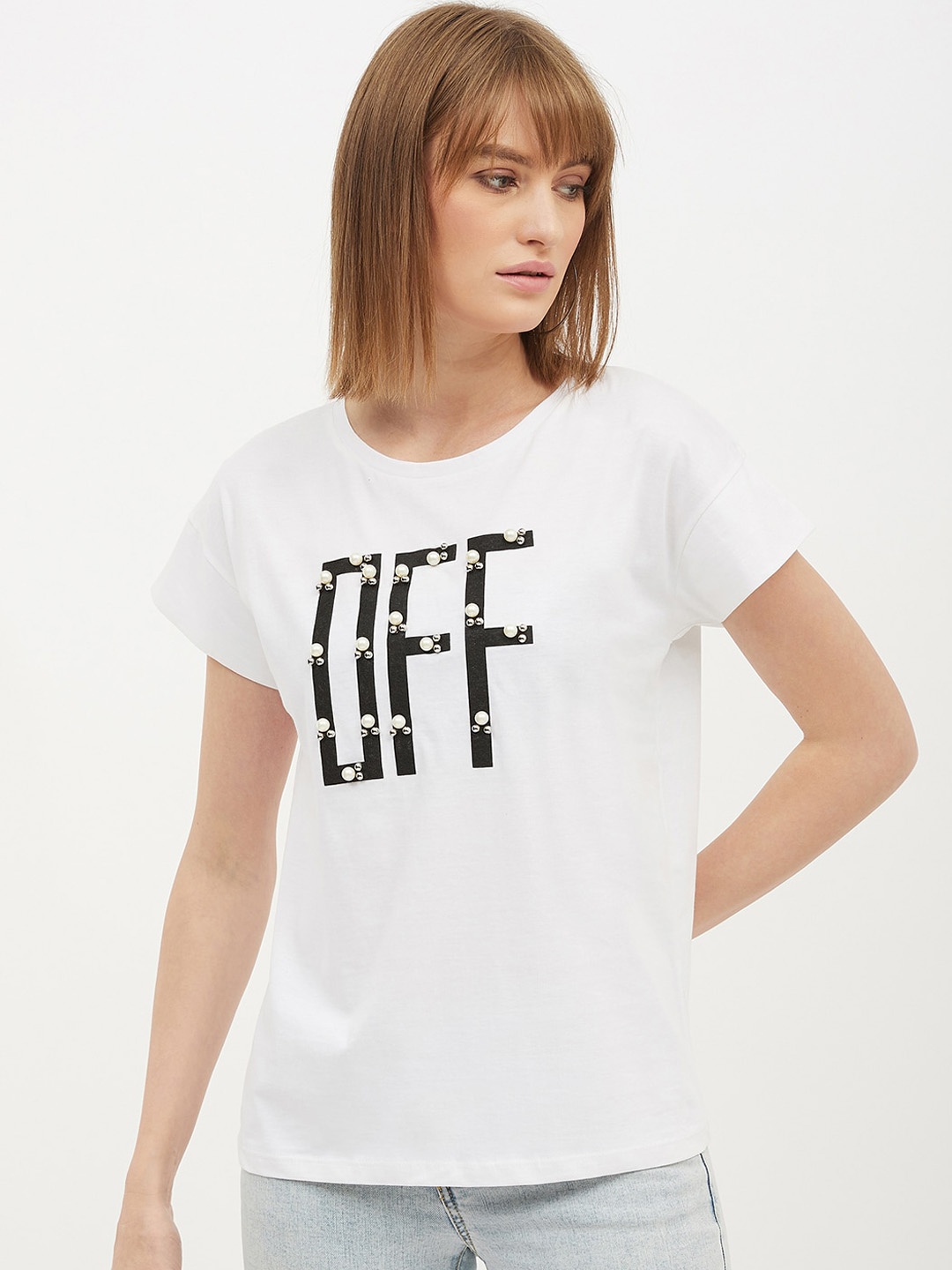 

Harpa Women White Printed Round Neck Pure Cotton T-shirt