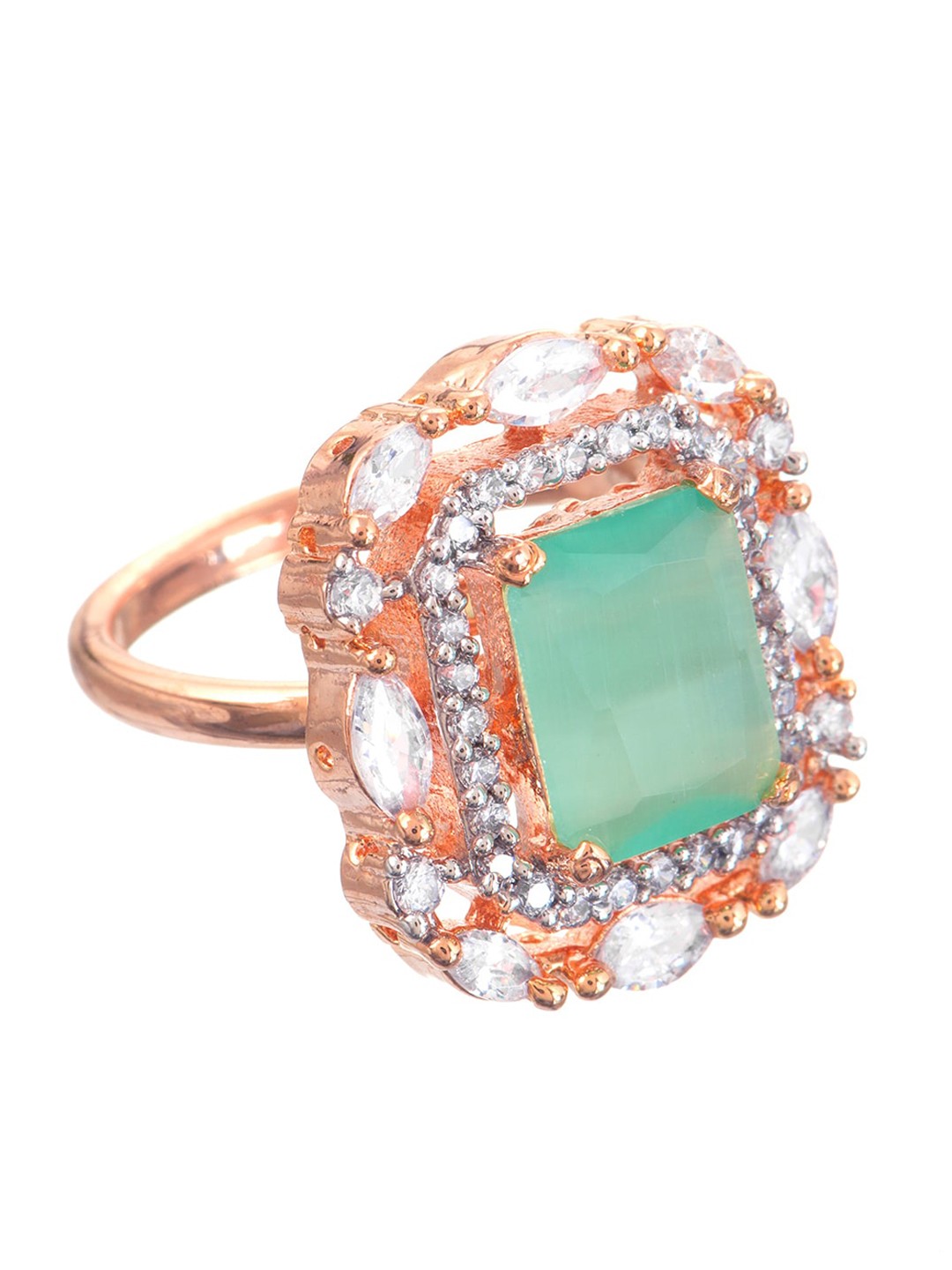 INDYA Gold-Plated White & Green Square Shaped Crystal Studded Finger Ring