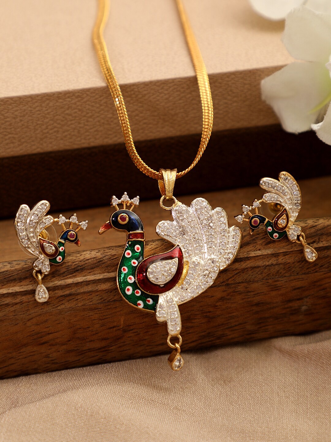 

Bhana Fashion Gold-Plated White & Green AD-studded Enamelled Jadau Jewellery Set