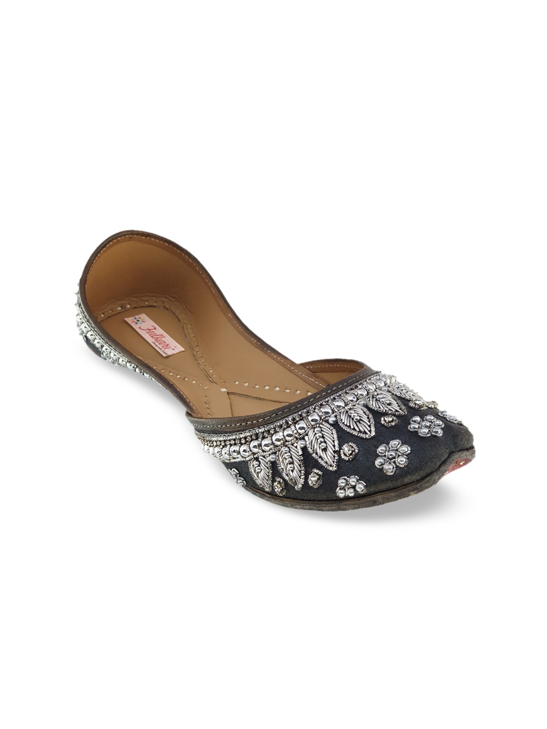 

Fulkari Women Grey & Silver-Toned Embellished Leather Mojaris